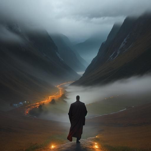Monk in Tibet Rainstorm: Oil Painting