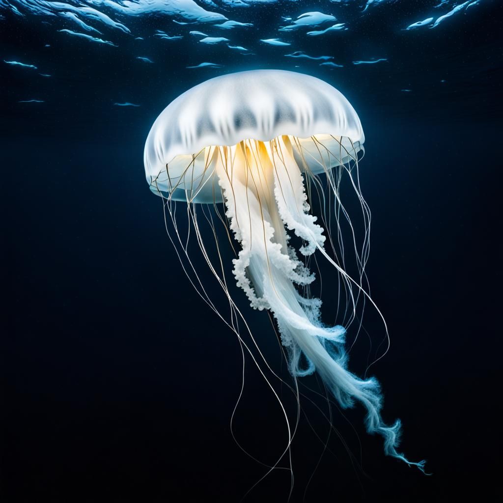 Glowing Lightning Jellyfish in Dark Ocean