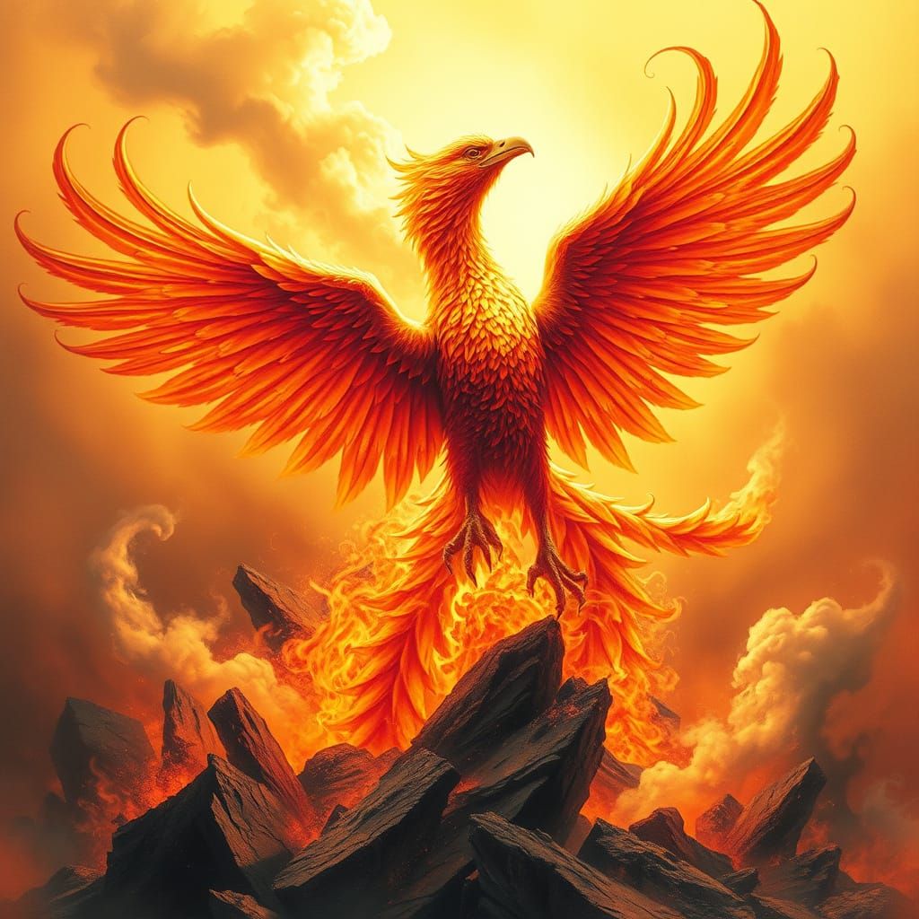 Radiant Phoenix Ascends from Ashes in Vibrant, Golden Light