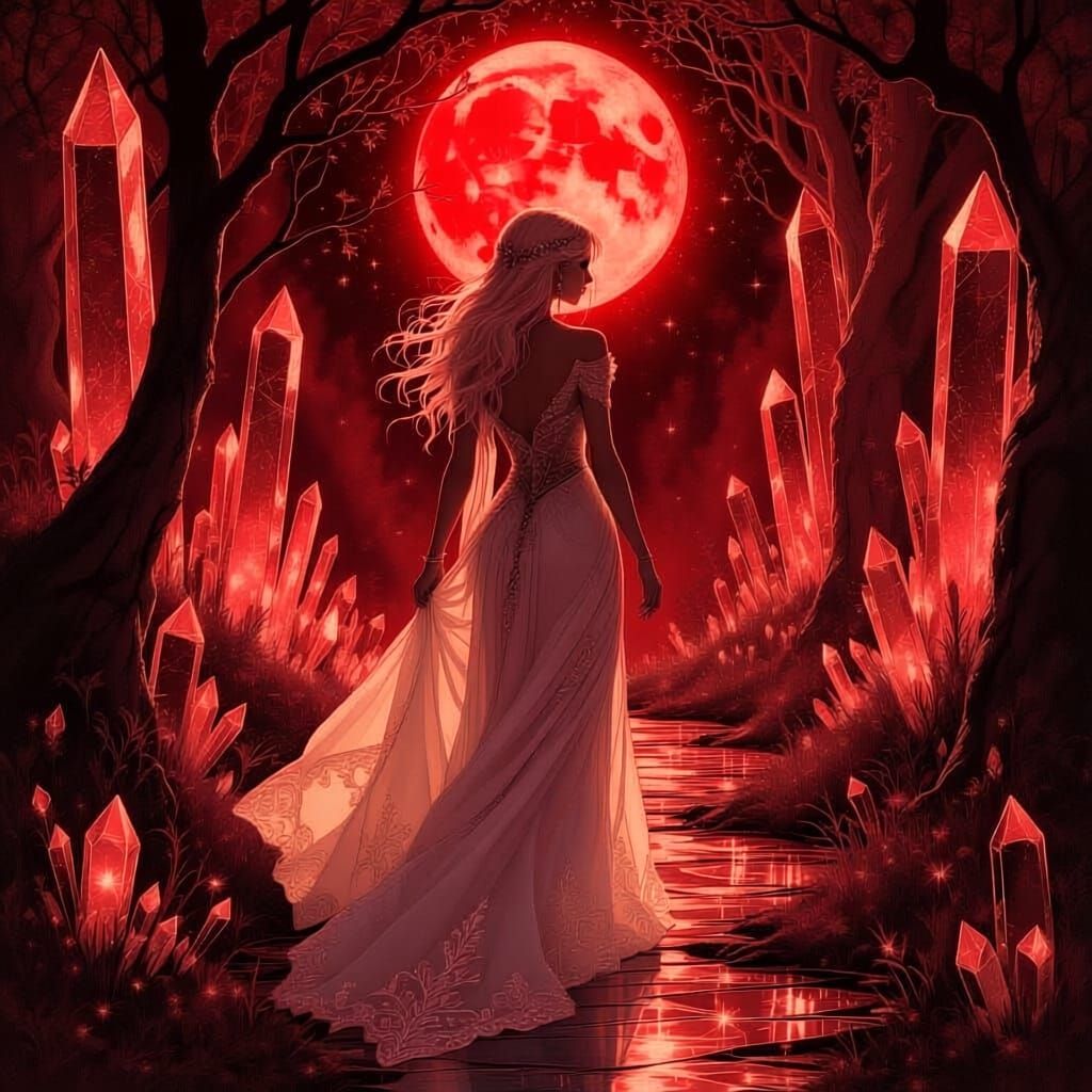 Ethereal Woman in Crystal Forest Under Moonlight