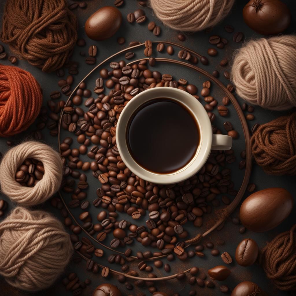 Coffee Bean Yarn on Spinning Wheel, Digital Art