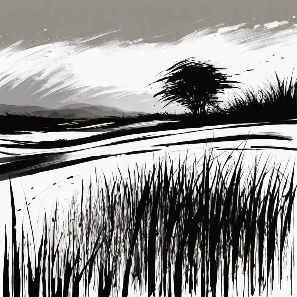 Minimalist Expressionist Grass Field with Calligraphy