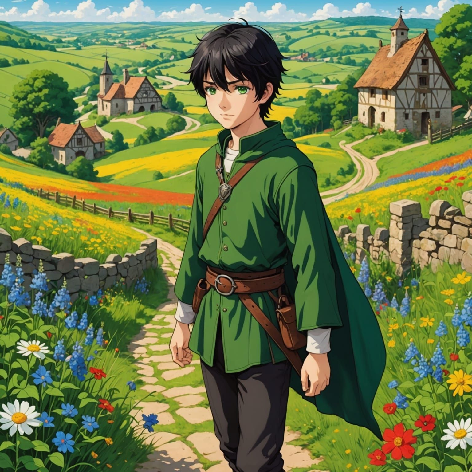 Anime Boy at Crossroads in Medieval Landscape