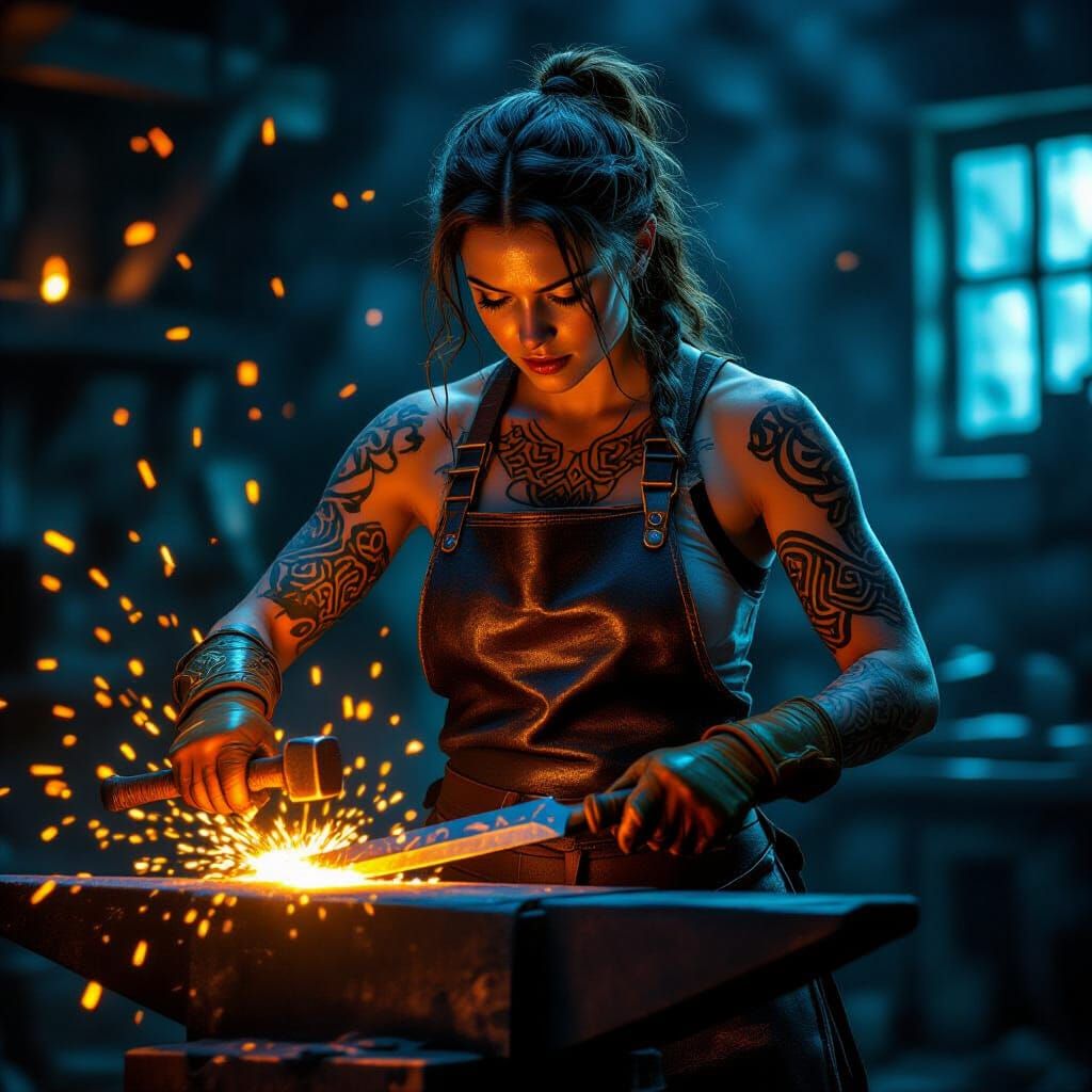 Female Blacksmith Forging Sword in Smoky Workshop