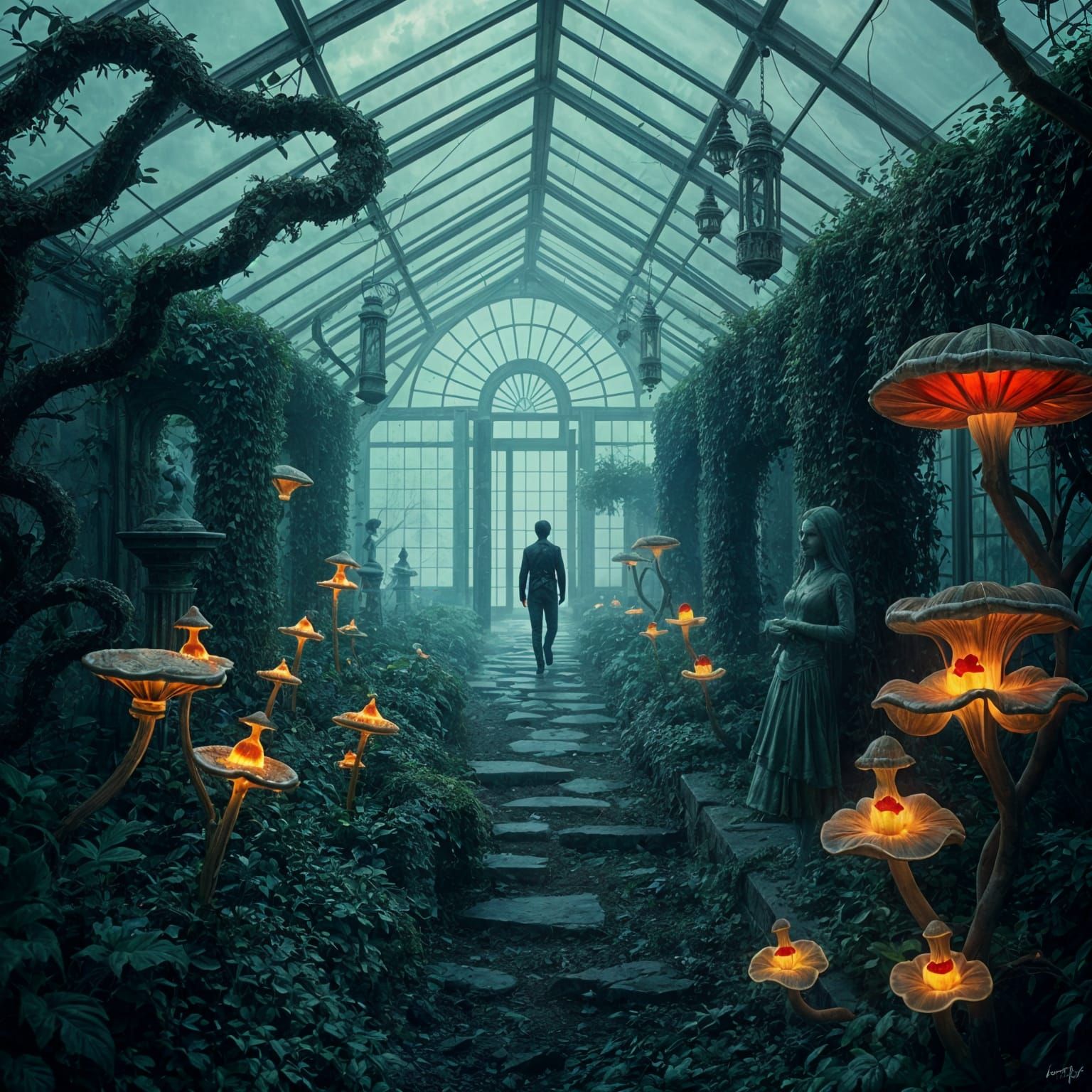 Eerie Greenhouse: A Dark Fantasy Landscape