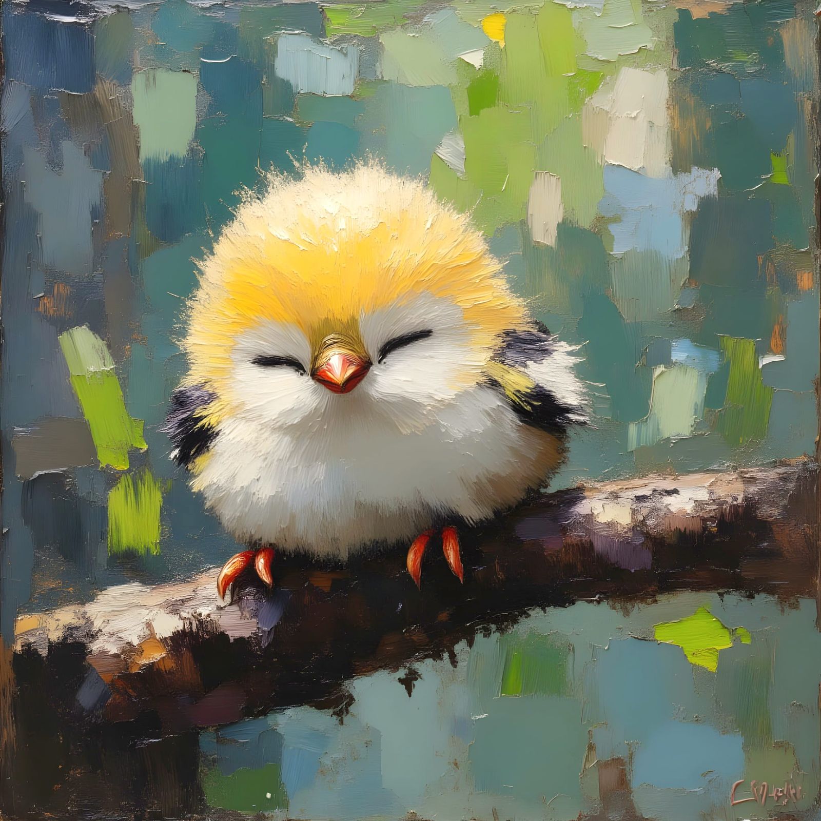 Fluffy Bird Sleeping: An Impasto Painting