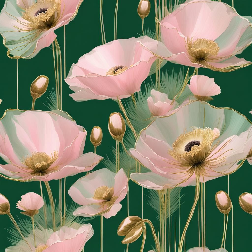 Abstract Pink Poppies with Gold Edges in 3D