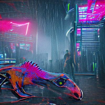Cyberpunk Dinosaur in Neon Cityscape