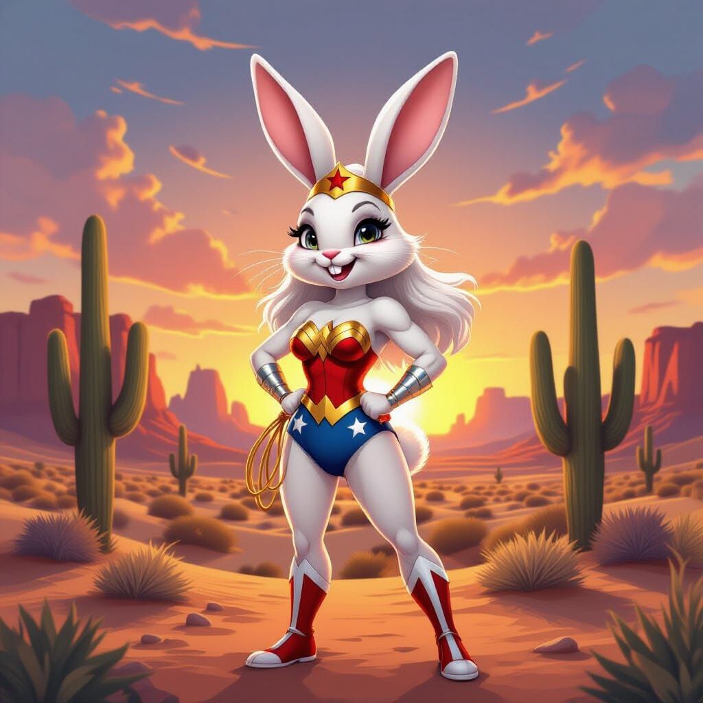 Wonder Woman Rabbit in Desert Sunset