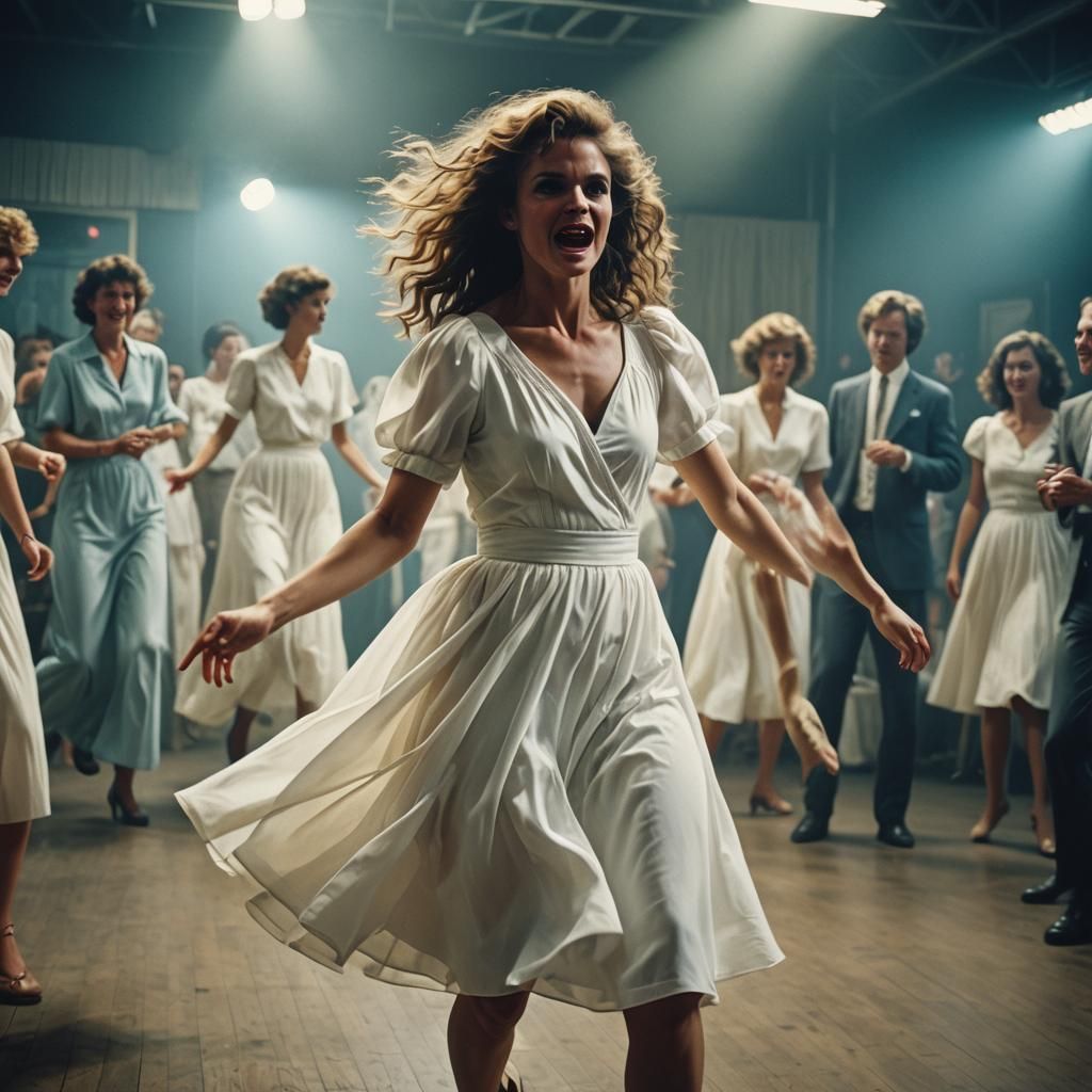 1980s Woman Dancing in White Dress: Cinematic Still