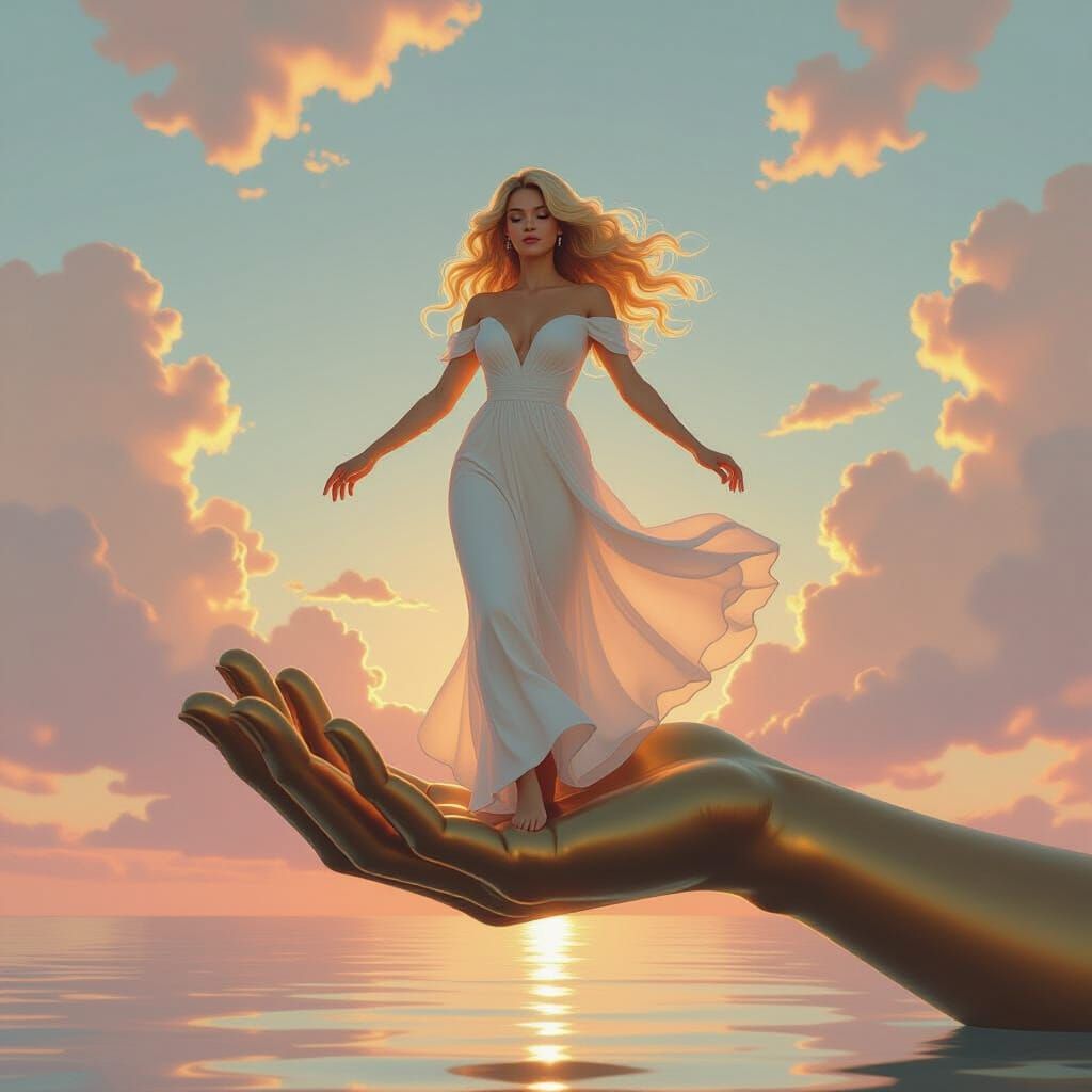 Woman Dancing in Giant Bronze Hand in Pastel Sky