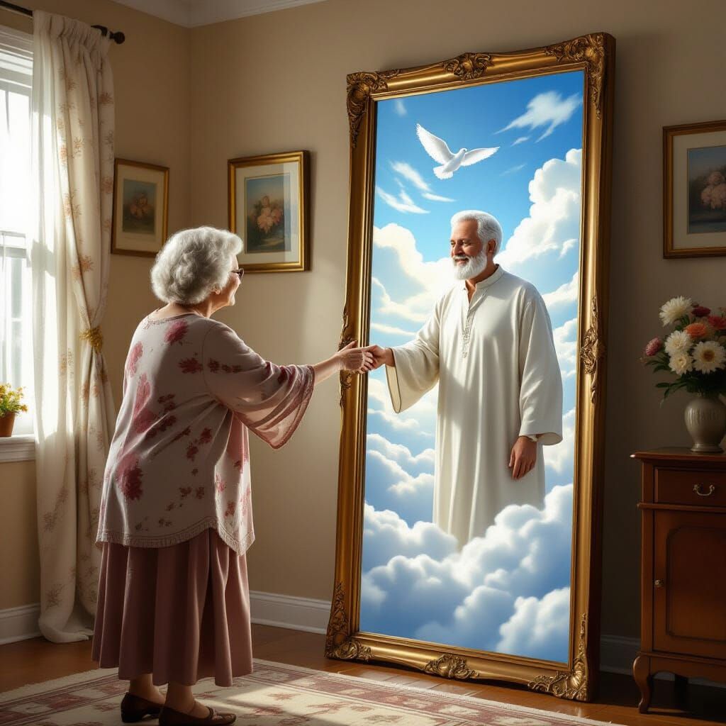 Elderly Woman Reaches Through Mirror to Heaven