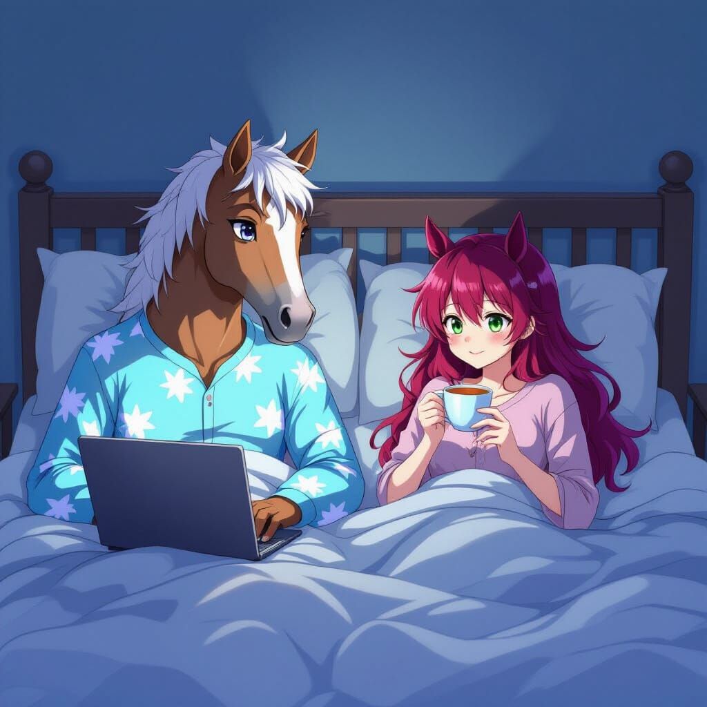 Man with Horse Head in Bed with Woman, Anime Style