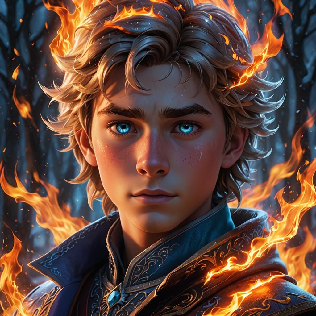Fiery Boy Portrait: Intense Close-Up with Fire Powers