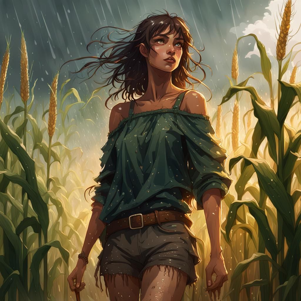 Rain-Soaked Adventurer in Overgrown Cornfield, Watercolor St...