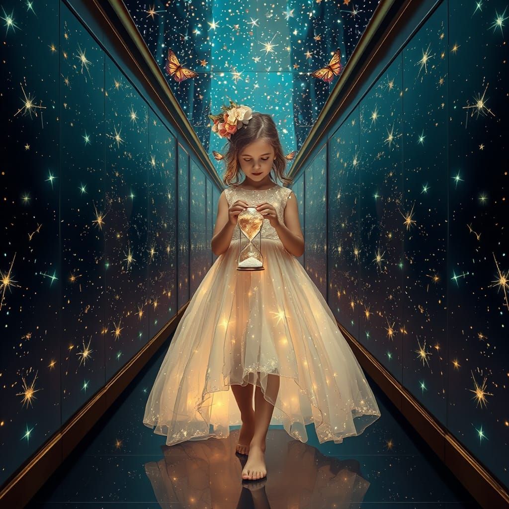 Dreamlike Ballerina Walking Through Celestial Hallway in Hyp...