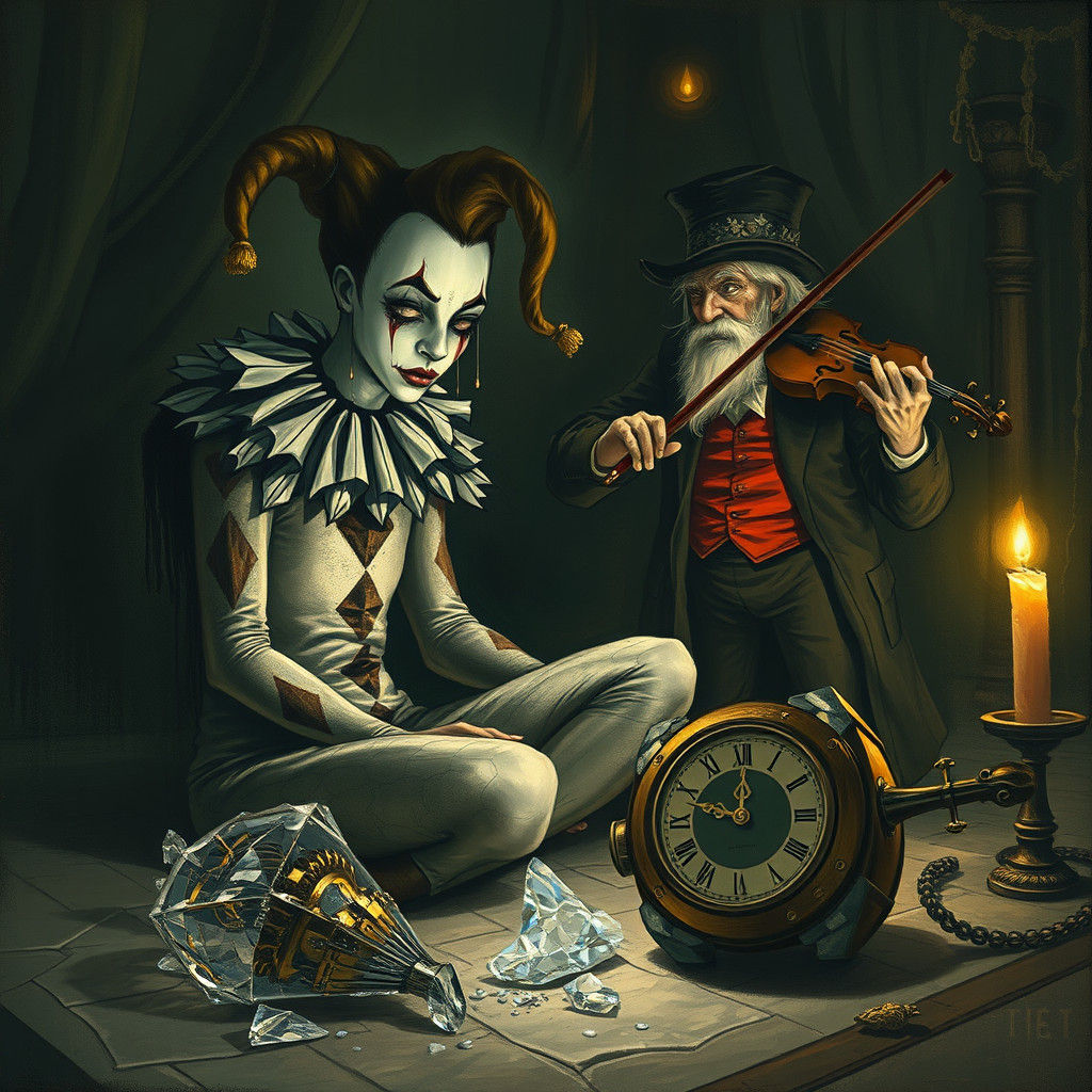 Sorrowful Harlequin in Mystical Setting