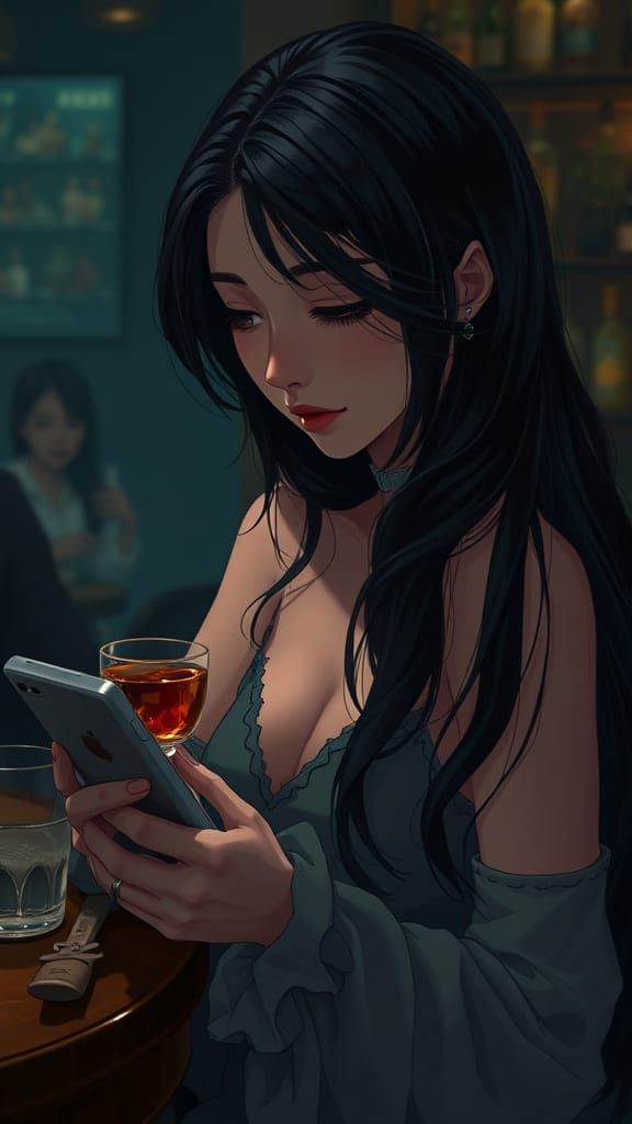 A Melancholic Woman Contemplates Life at a Dimly Lit Bar