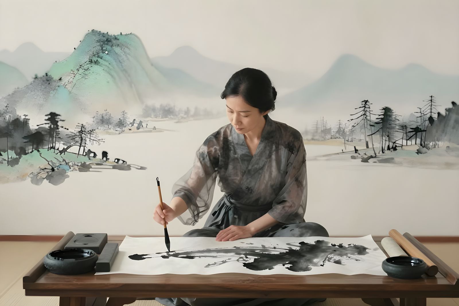 Woman Painting Sumi-e Landscapes in a Minimalist Studio