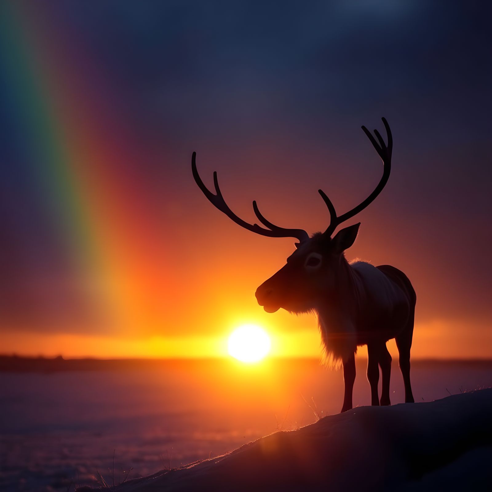 Reindeer Silhouettes at Sunset with Rainbow