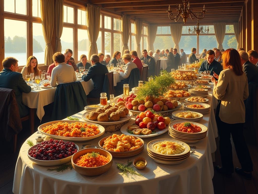Bustling Swedish Buffet in Golden Hour Oil Painting Style