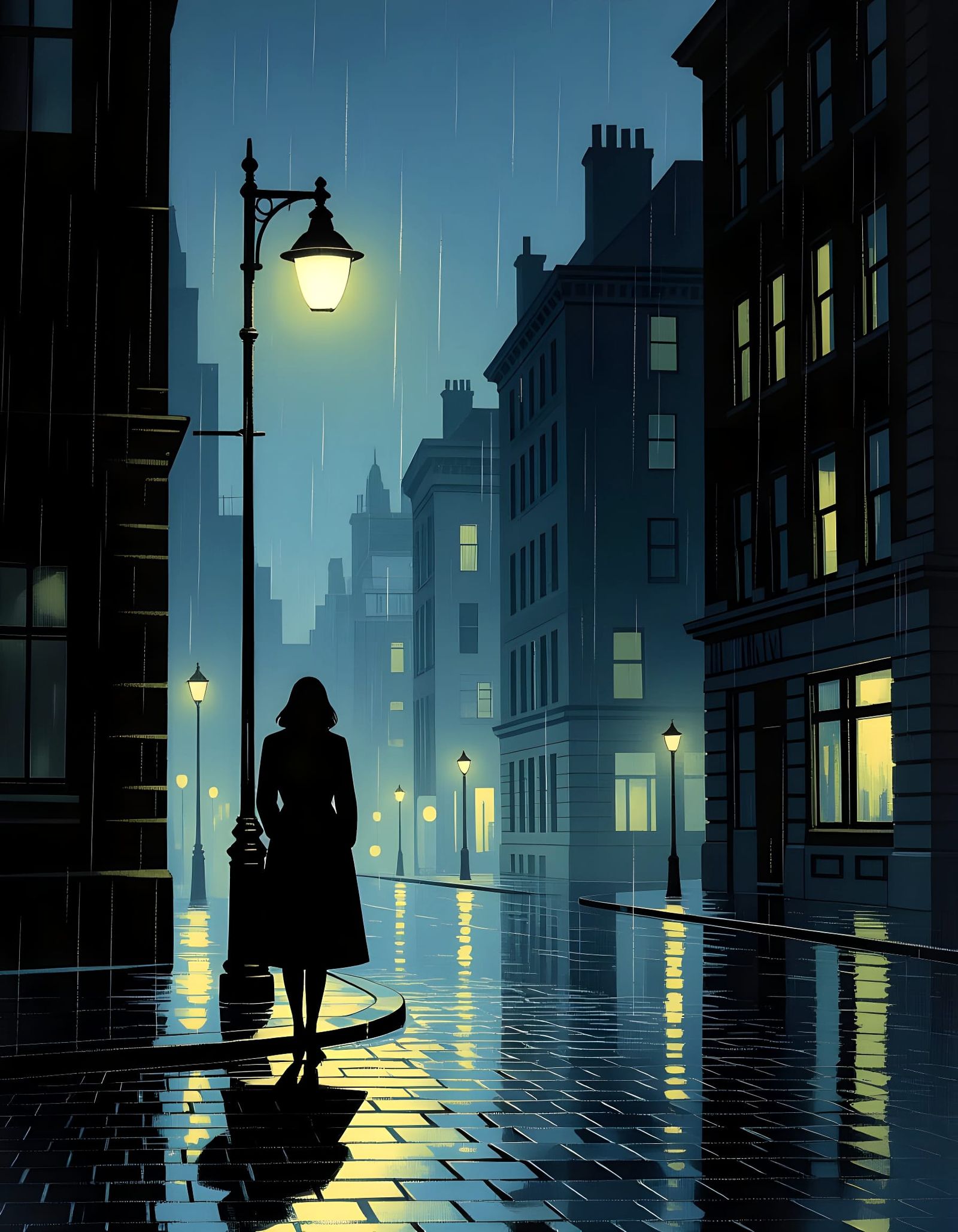 Solitary Woman on Noir Street in Hopper Style