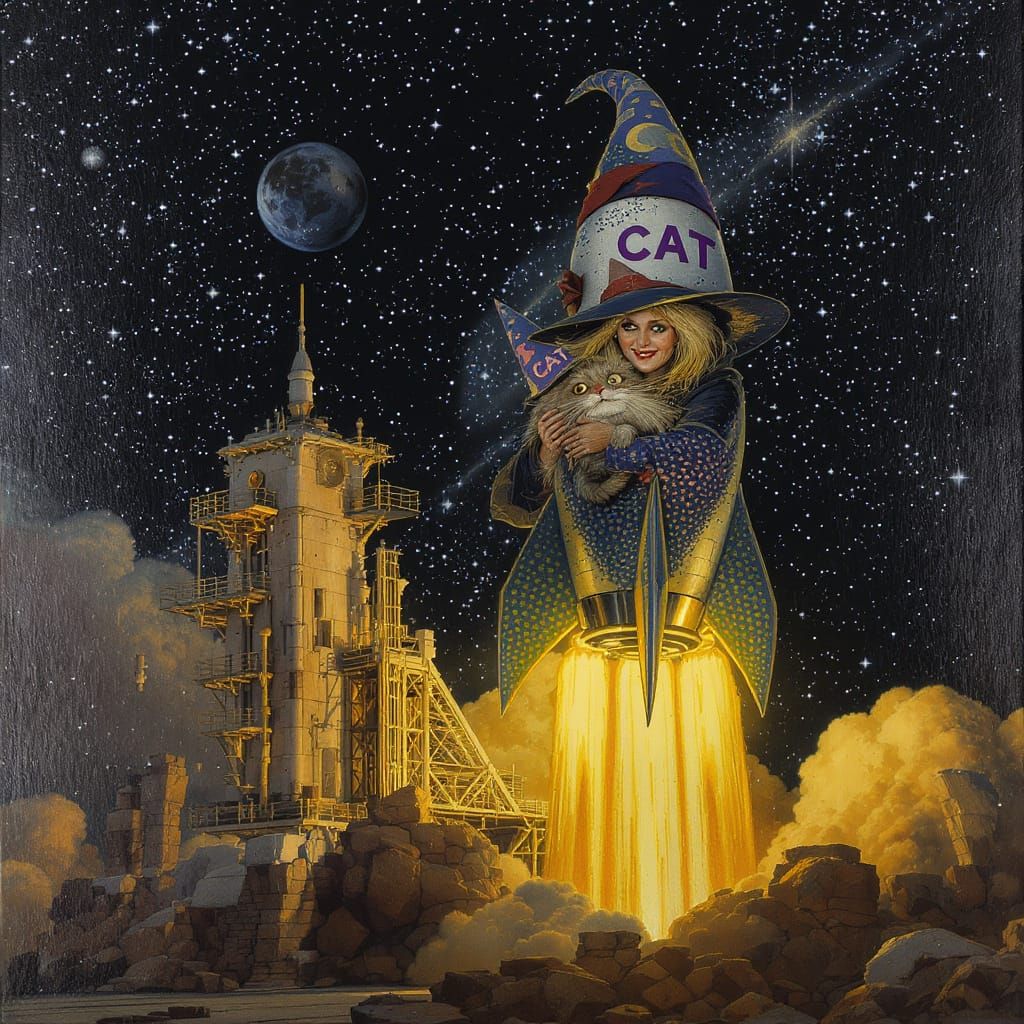 Whimsical Rocket Launch from Ancient Ruins