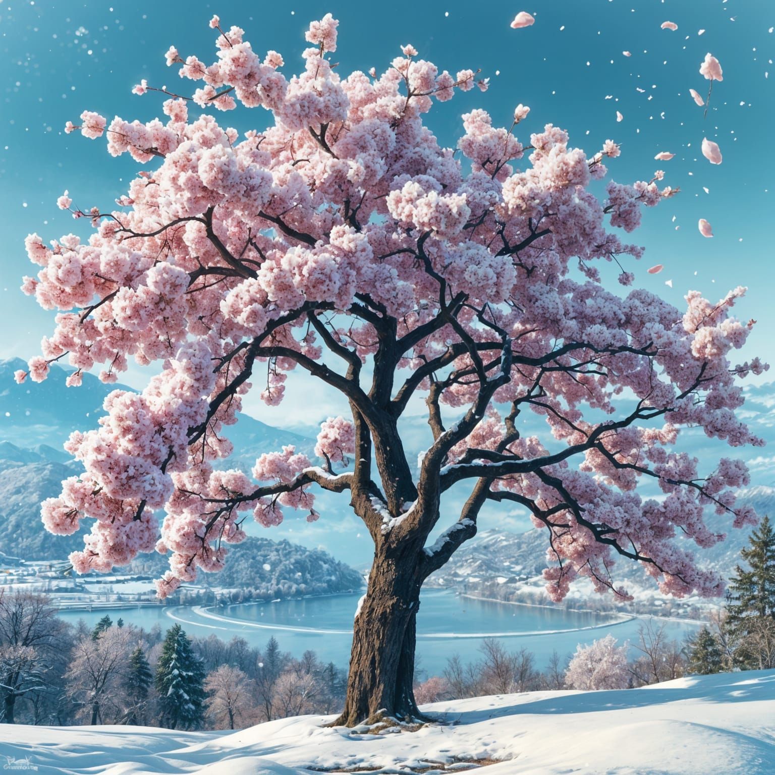 Vibrant Cherry Blossom Tree Blooms in Winter Wonderland