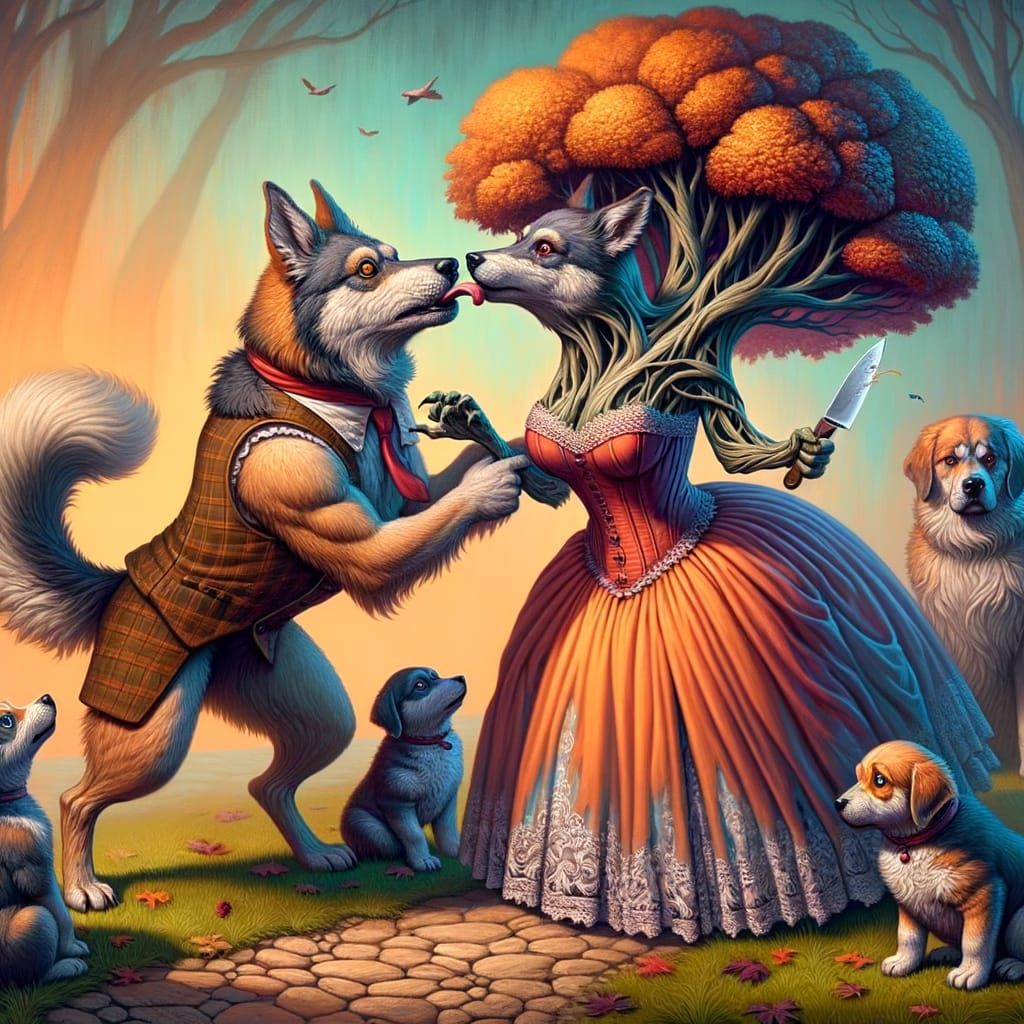 Whimsical Dog Family Scene in Fantasy Concept Art Style