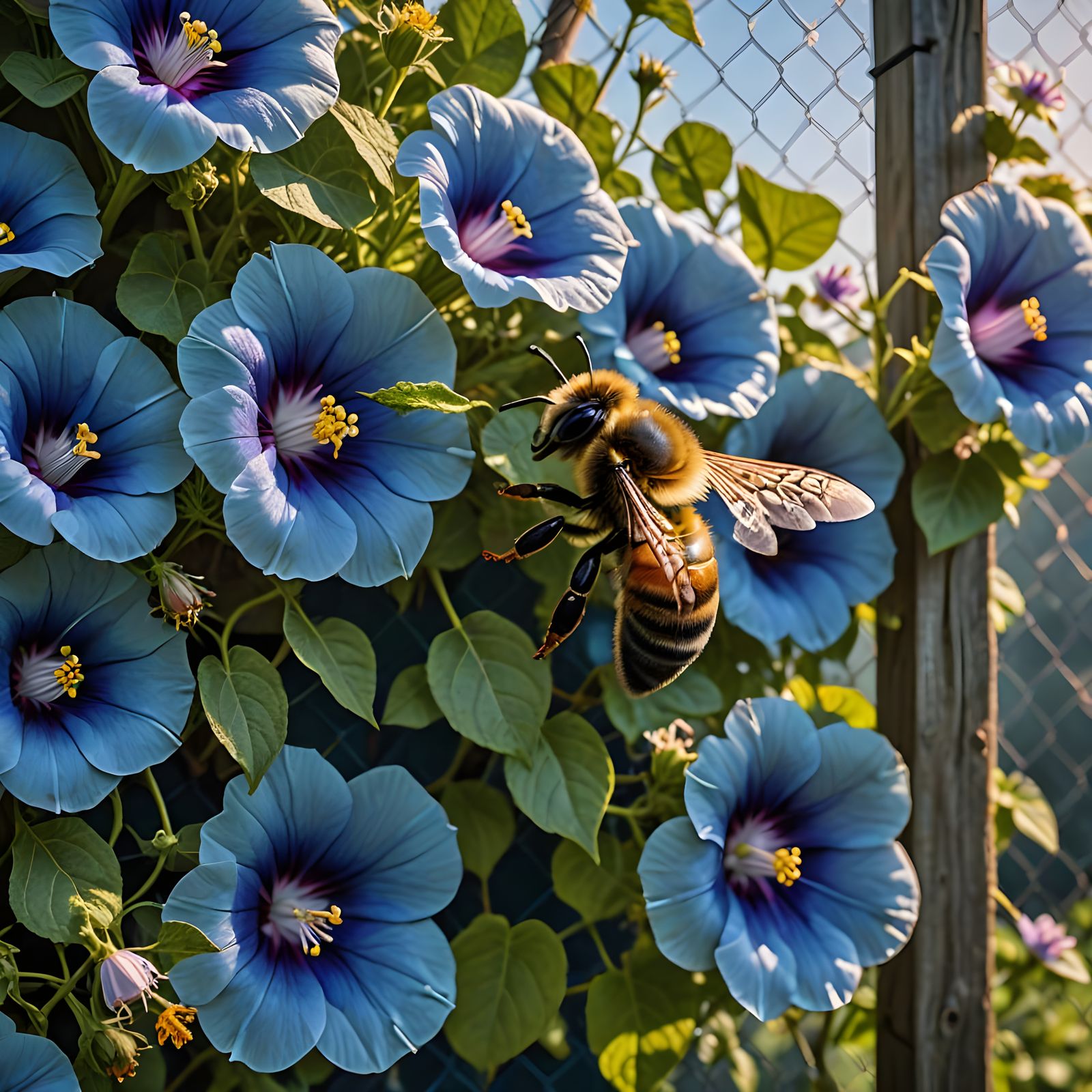 Vibrant Morning Glory Hive with Queen Bee in Hyperrealistic ...