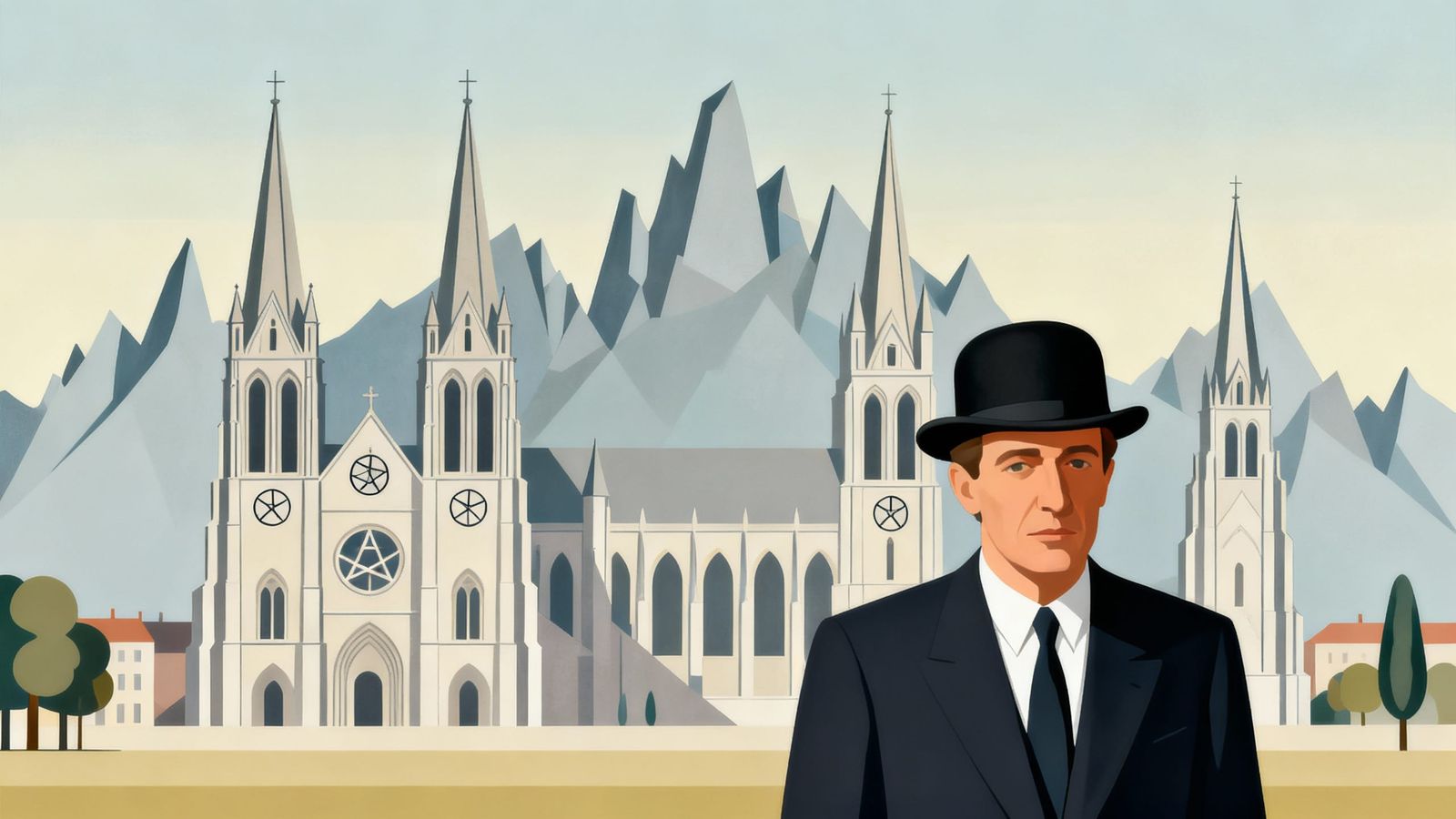 Jacques Brel in Surreal Landscape with Cathedral Mountains