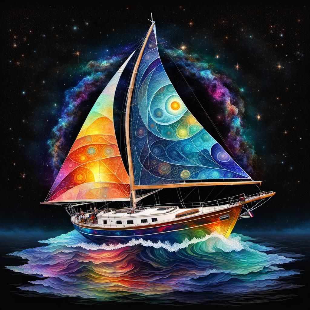 Cosmic Sailboat Fractal Art in Watercolor Style