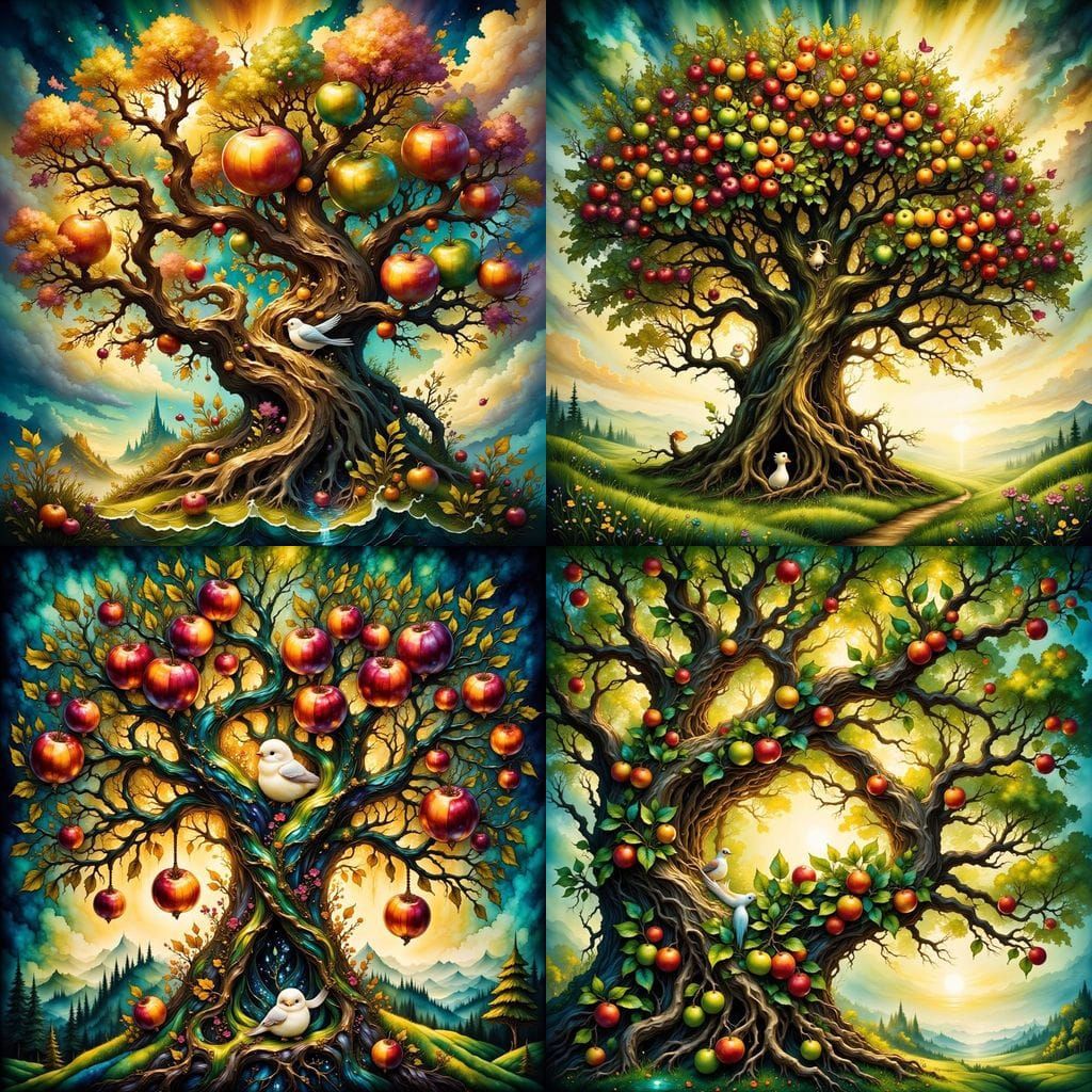 A giant apple tree laden with shiny apples, each with a litt...