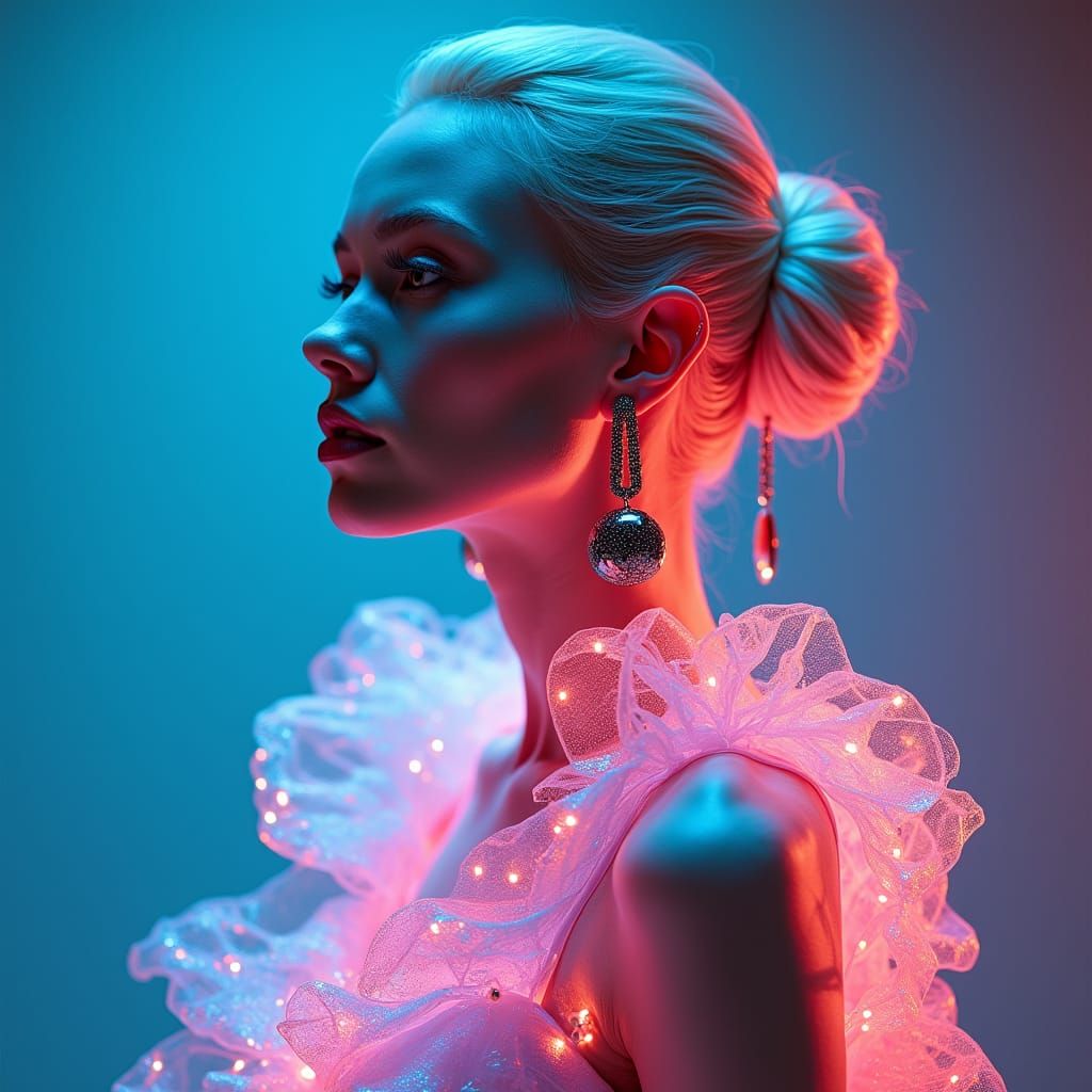Woman in Iridescent Gown with Neon Jewelry