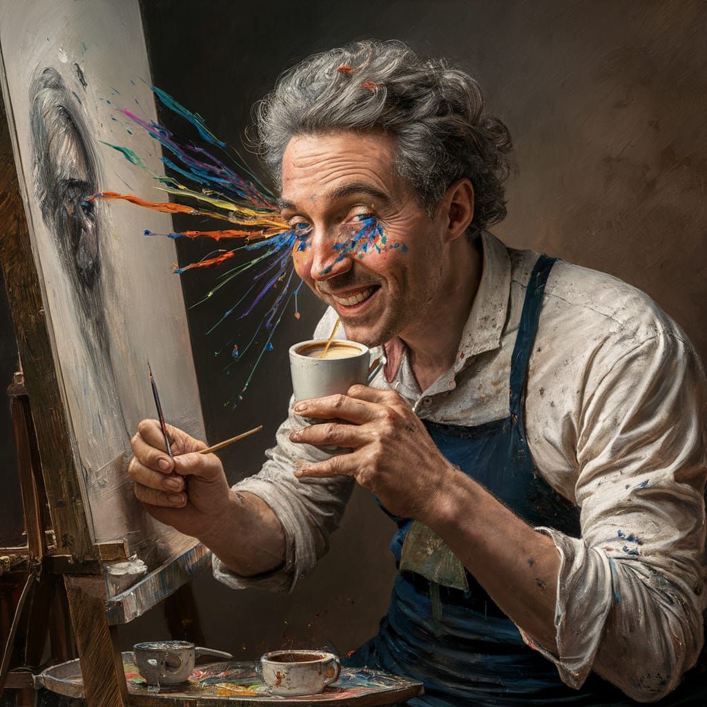Artist Creating Masterpiece with Rainbow Tears