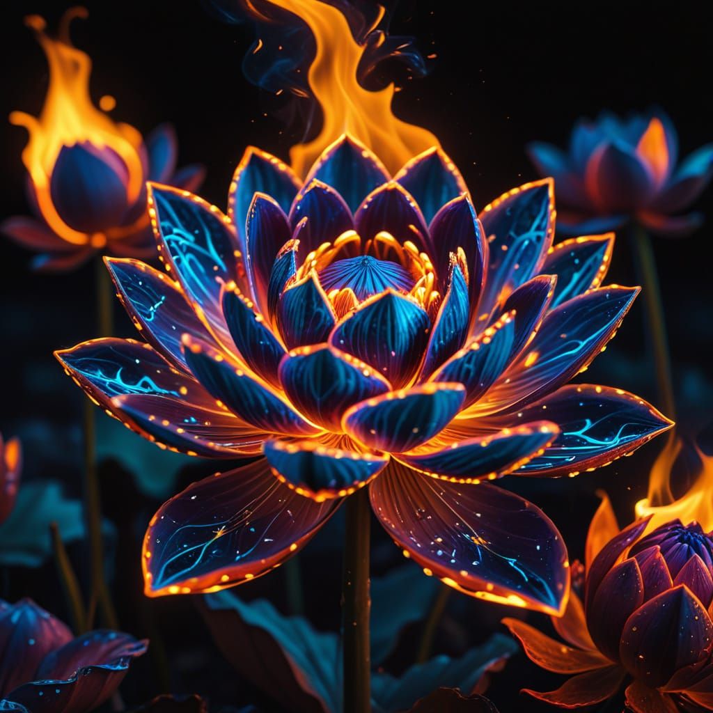 Burning Lotus Flower in a Sea of Flames, Hyperdetailed Pop S...