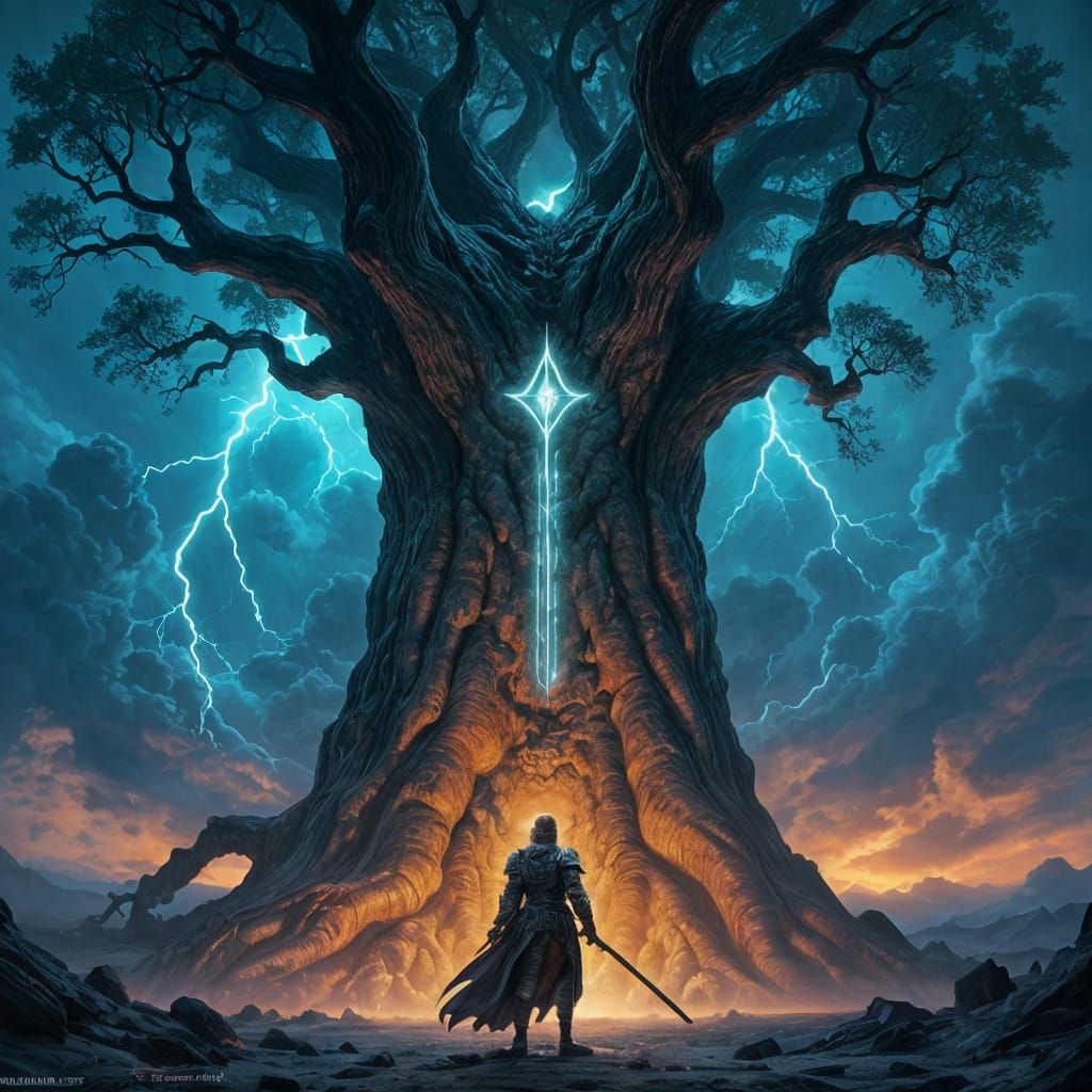 Knight Before Petrified Tree in Epic Fantasy Landscape