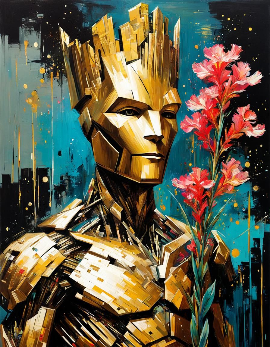 Golden Groot and Gladioli in Cubist Style