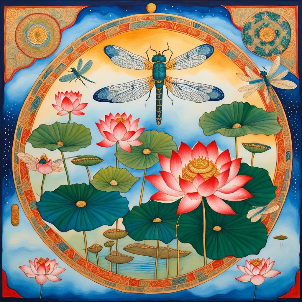Thangka Art: Lotus and Dragonfly in Mixed Media