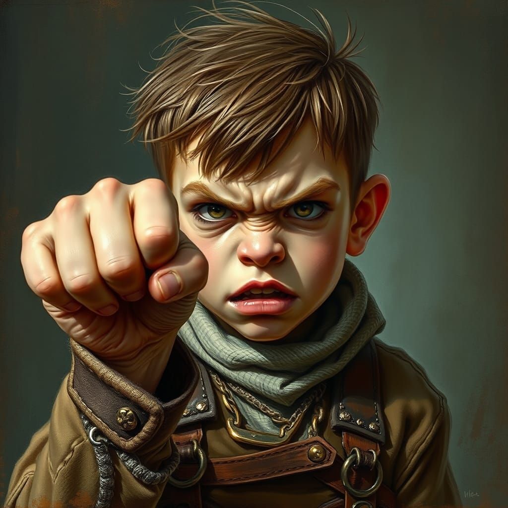 Mischievous Boy Strikes Threatening Pose in Monge Style