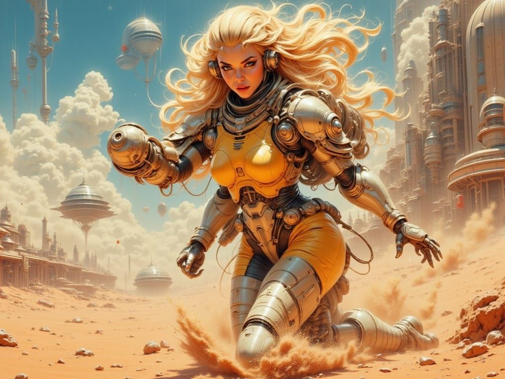 Cyborg Woman in Martian Sandstorm, Vintage-Futurism Style