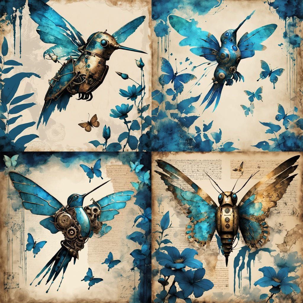 Steampunk Robot Hummingbird in Bioluminescent Jungle Illustr...