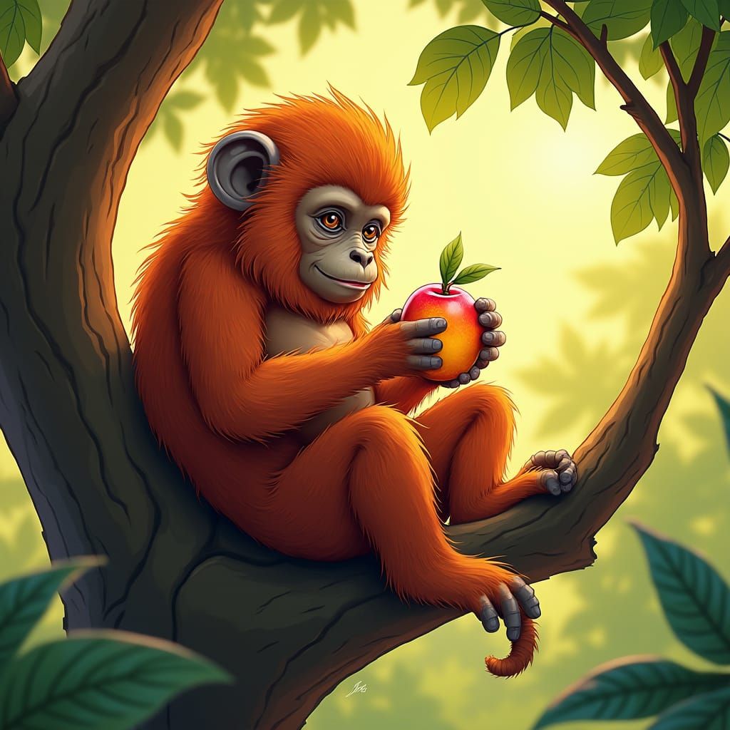 Monkey Savoring Fruit in Lush Foliage