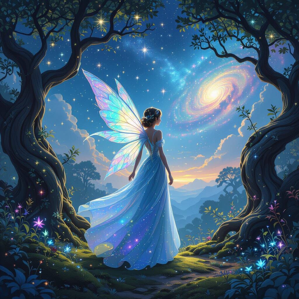 Whimsical Fairy in Starlight Forest Illustration