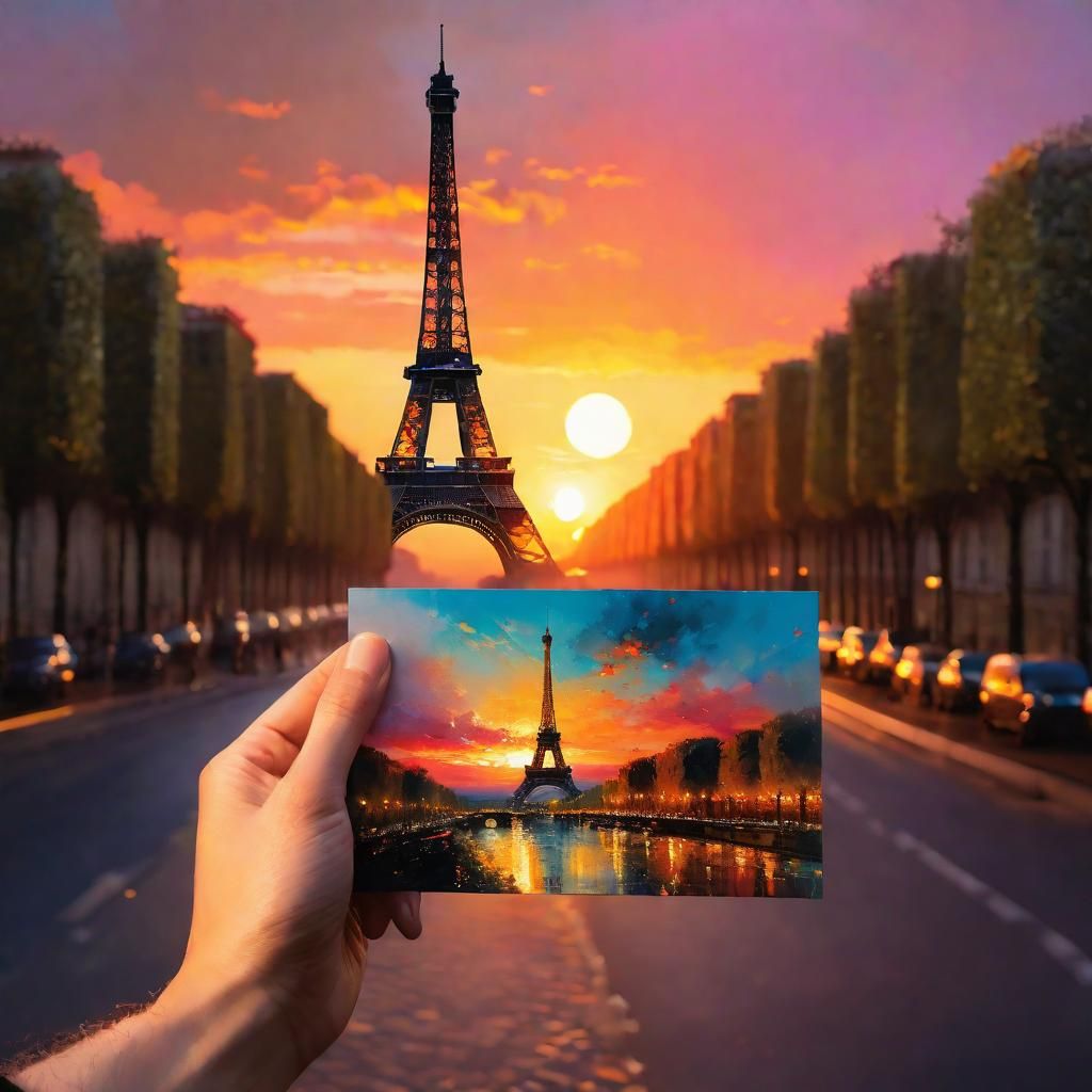 Eiffel Tower Sunset Postcard: Matte Painting Style