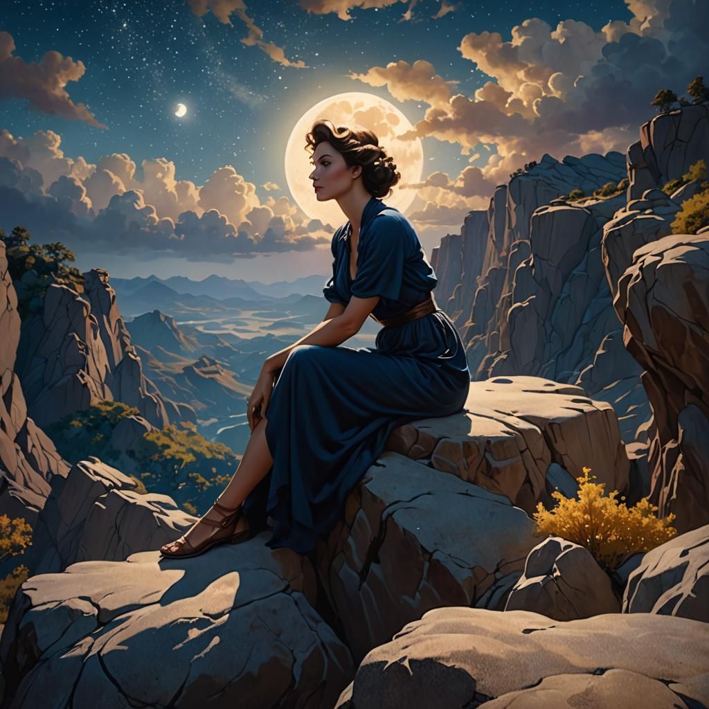 Pinup Girl on Moonlit Cliff in Parrish Style