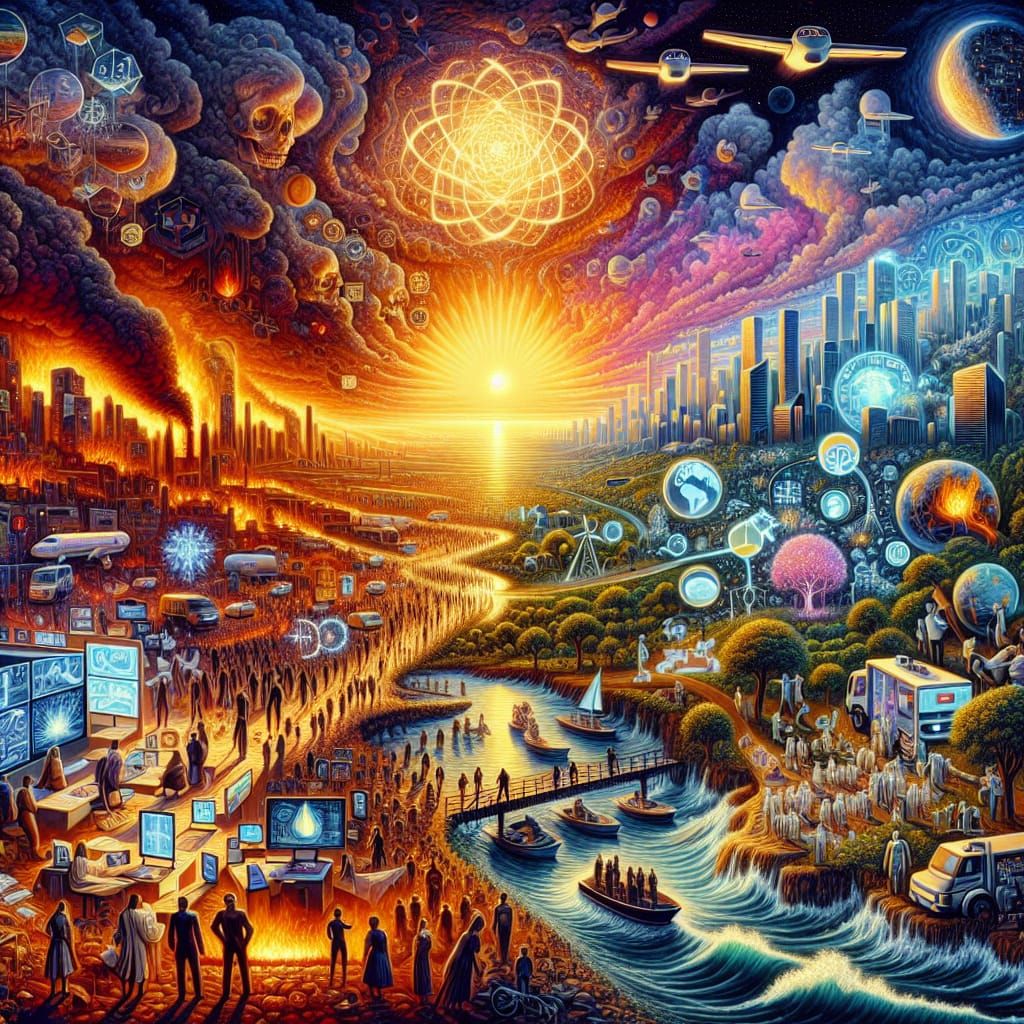 Futuristic Landscape in Oil-Based Style Depicts Global Crisi...