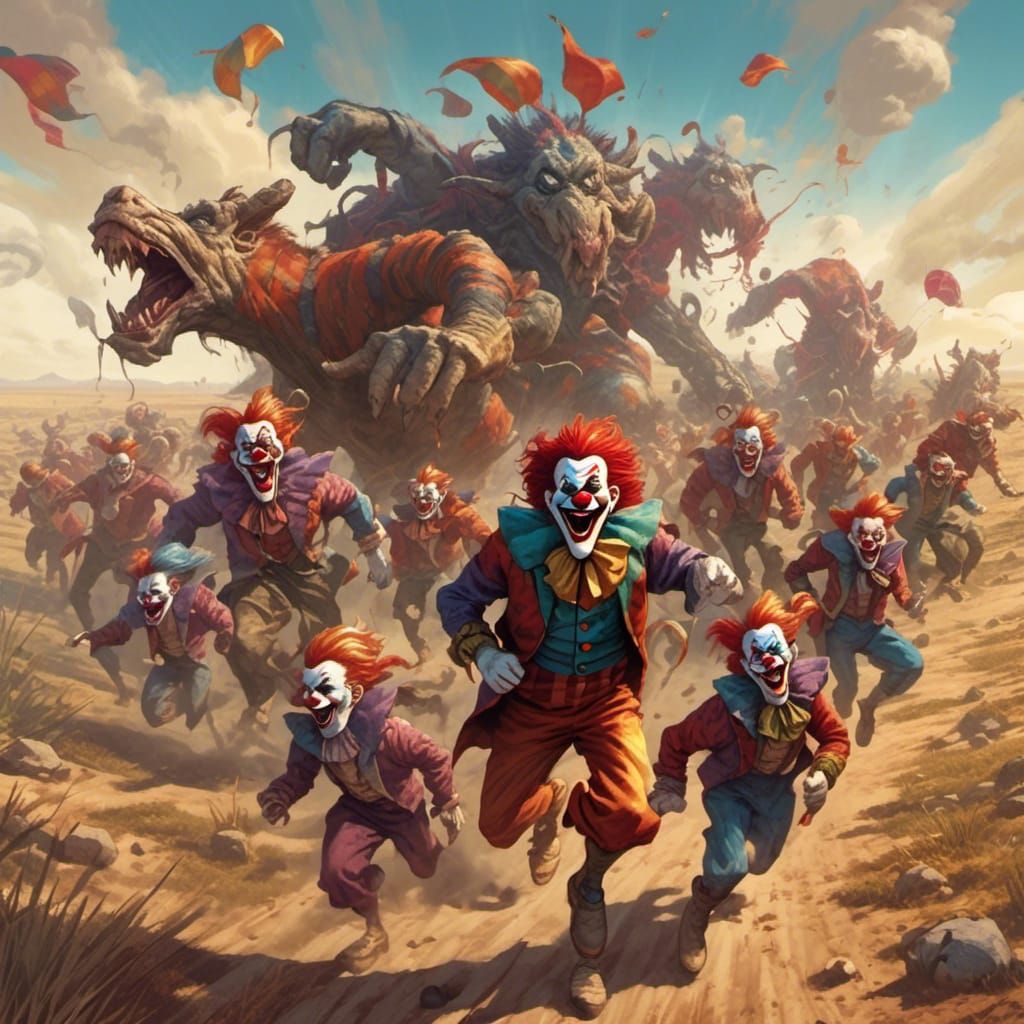 <lora:Animation:1.0> A large wild herd of Circus Clowns in f...