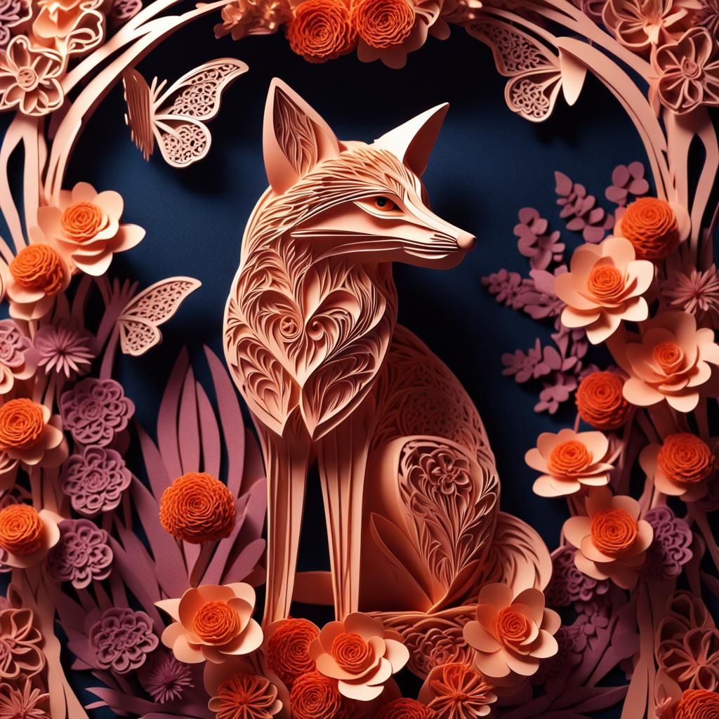 Intricate Kirigami Fox with Flowers and Butterfly