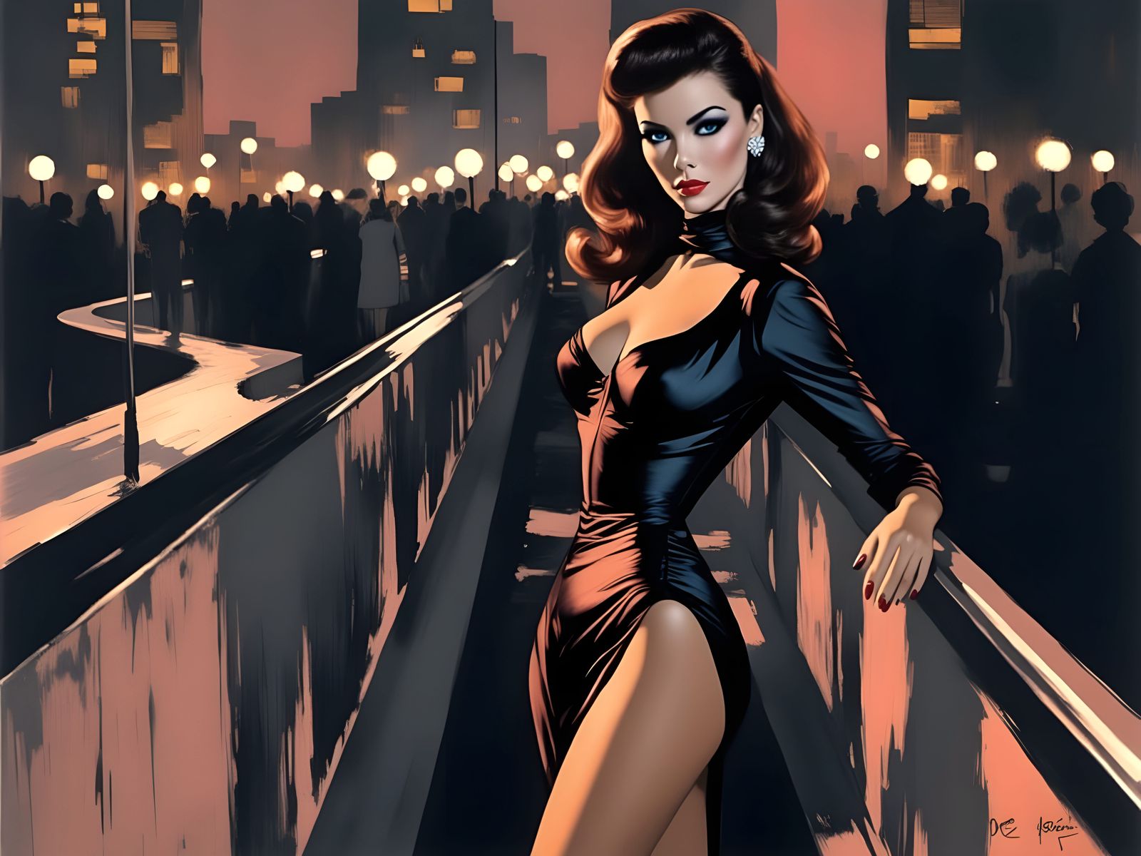 1960s Femme Fatale on Balcony Over Cityscape